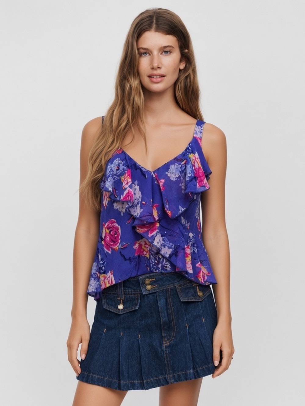 KUT from the Kloth Blue Floral Ruffle Sleeveless Blouse Top Medium